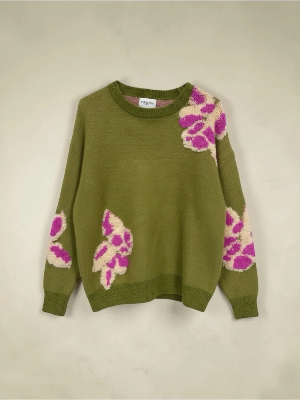 Olive Green Floral Crewneck Sweater with Pink Accents - Picture 2 of 6